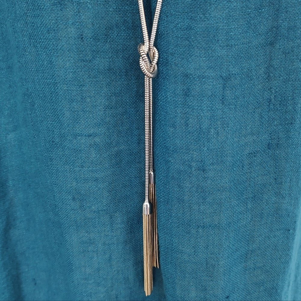 Chico's Vintage Two Tone Gold Silver Knot Tassel Necklace Adjustable Length